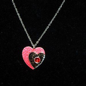 Hand Enameled Red Heart with Red Crystal Jewel Heart Necklace
